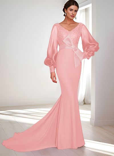 Mermaid V-Neck Long Sleeves Sweep Train Sequined Mother Of The Bride Dresses