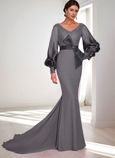 Mermaid V-Neck Long Sleeves Sweep Train Sequined Mother Of The Bride Dresses