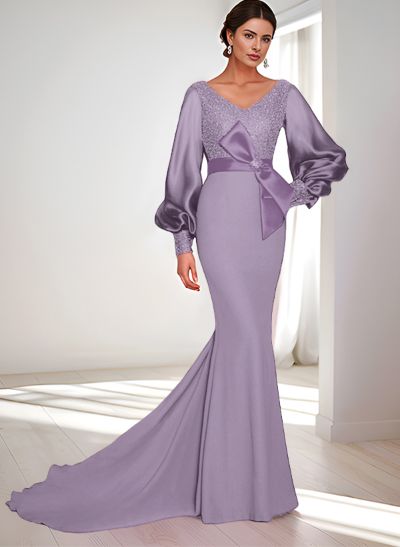 Mermaid V-Neck Long Sleeves Sweep Train Sequined Mother Of The Bride Dresses