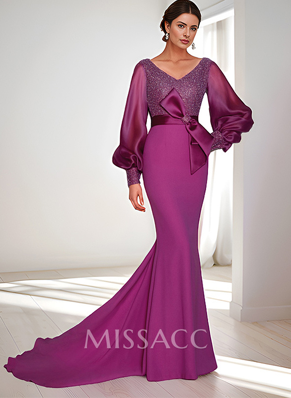 Mermaid V-Neck Long Sleeves Sweep Train Sequined Mother Of The Bride Dresses Mermaid V-Neck Long Sleeves Sweep Train Sequined Mother Of The Bride Dresses