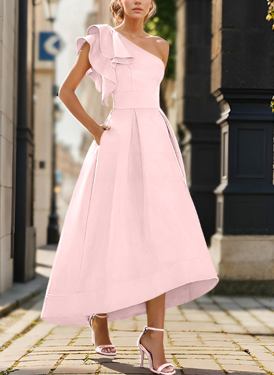 Elegant One-Shoulder With Ruffle Satin Mother Of The Bride Dresses With Pockets