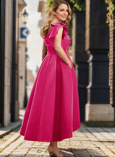 Elegant One-Shoulder With Ruffle Satin Mother Of The Bride Dresses With Pockets