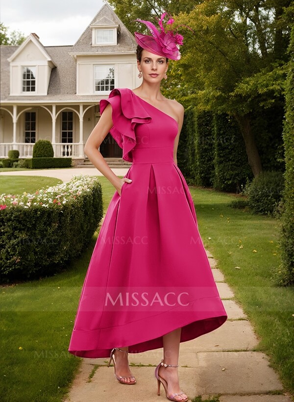 Elegant One-Shoulder With Ruffle Satin Mother Of The Bride Dresses With Pockets