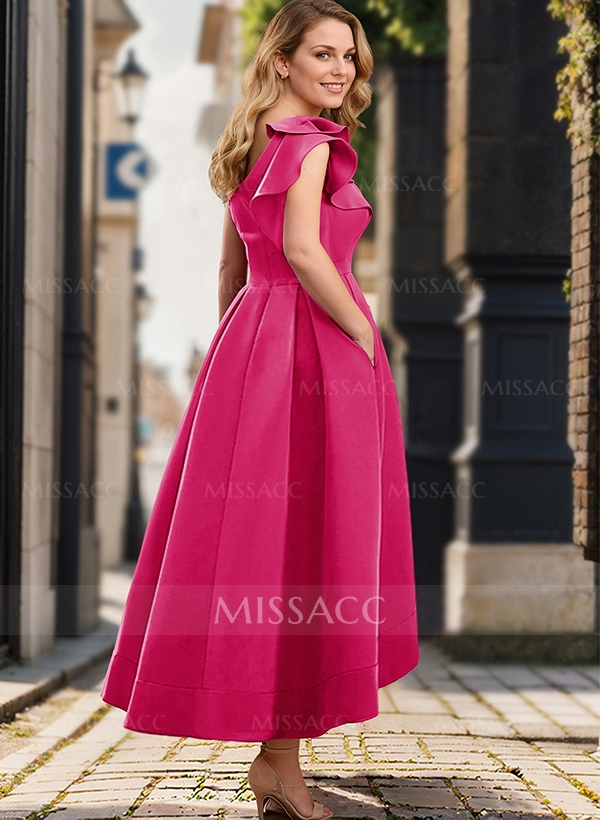 Elegant One-Shoulder With Ruffle Satin Mother Of The Bride Dresses With Pockets