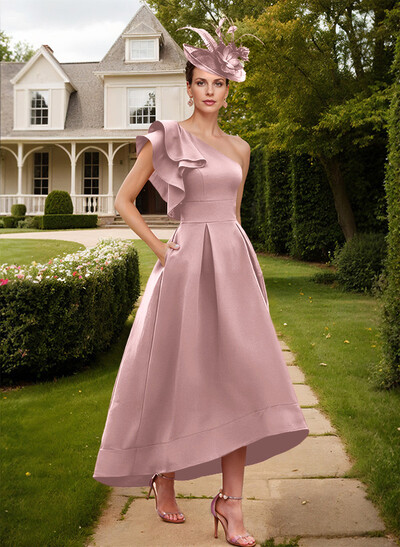 Elegant One-Shoulder With Ruffle Satin Mother Of The Bride Dresses With Pockets
