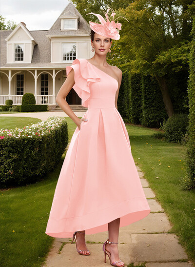 Elegant One-Shoulder With Ruffle Satin Mother Of The Bride Dresses With Pockets