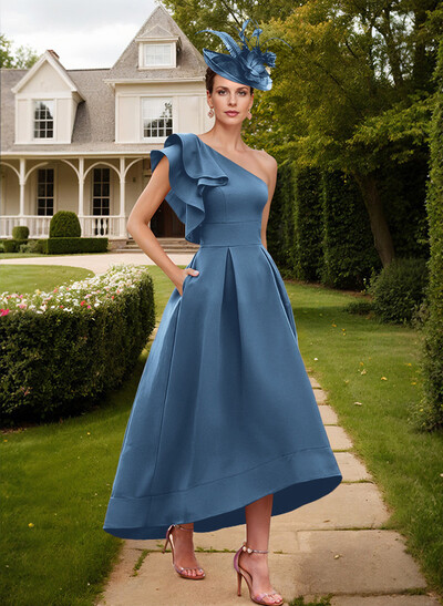 Elegant One-Shoulder With Ruffle Satin Mother Of The Bride Dresses With Pockets