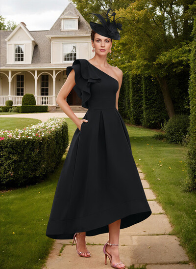 Elegant One-Shoulder With Ruffle Satin Mother Of The Bride Dresses With Pockets