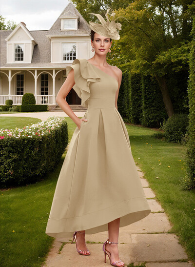 Elegant One-Shoulder With Ruffle Satin Mother Of The Bride Dresses With Pockets