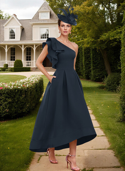 Elegant One-Shoulder With Ruffle Satin Mother Of The Bride Dresses With Pockets