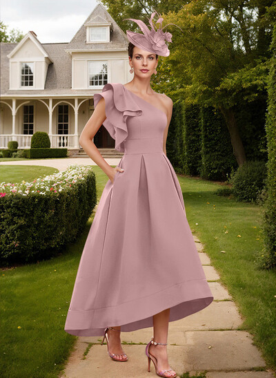 Elegant One-Shoulder With Ruffle Satin Mother Of The Bride Dresses With Pockets