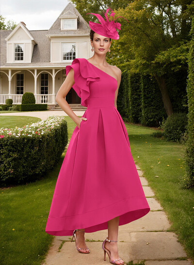 Elegant One-Shoulder With Ruffle Satin Mother Of The Bride Dresses With Pockets