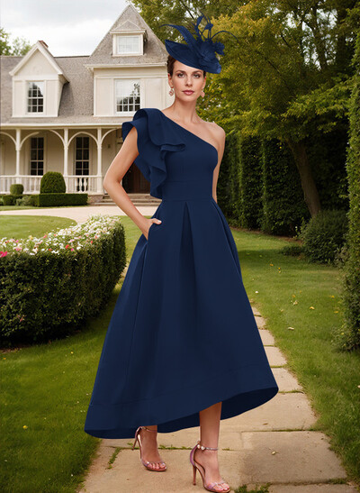 Elegant One-Shoulder With Ruffle Satin Mother Of The Bride Dresses With Pockets