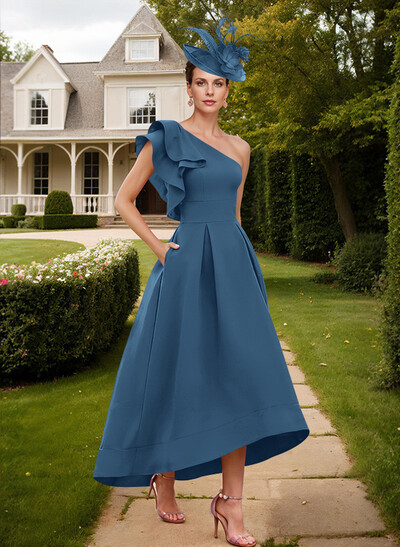 Elegant One-Shoulder With Ruffle Satin Mother Of The Bride Dresses With Pockets