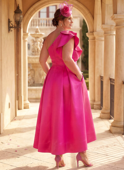 Elegant One-Shoulder With Ruffle Satin Mother Of The Bride Dresses With Pockets