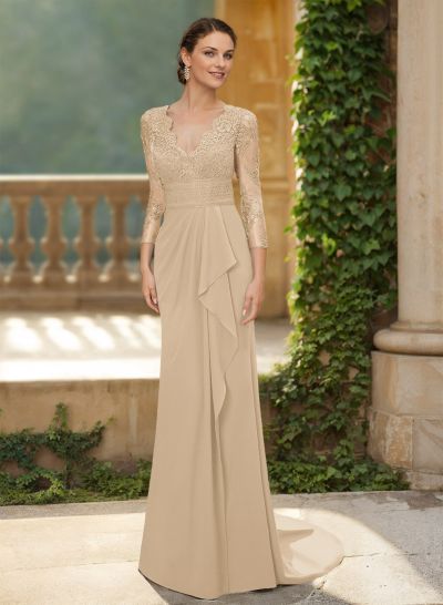 V-Neck Long Sleeves Sweep Train Chiffon/Lace Mother Of The Bride Dresses