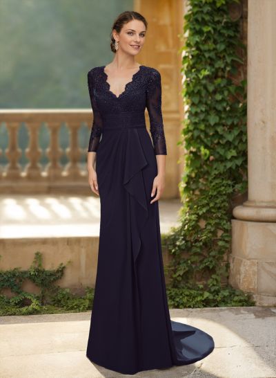 V-Neck Long Sleeves Sweep Train Chiffon/Lace Mother Of The Bride Dresses