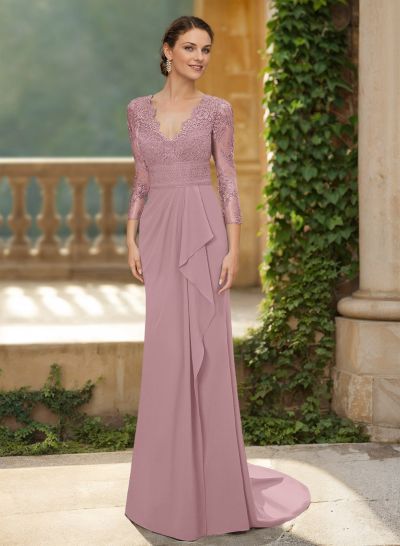 V-Neck Long Sleeves Sweep Train Chiffon/Lace Mother Of The Bride Dresses