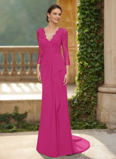 V-Neck Long Sleeves Sweep Train Chiffon/Lace Mother Of The Bride Dresses