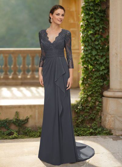 V-Neck Long Sleeves Sweep Train Chiffon/Lace Mother Of The Bride Dresses