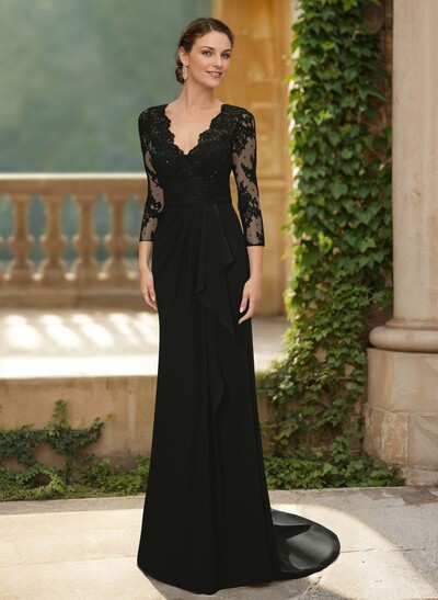 V-Neck Long Sleeves Sweep Train Chiffon/Lace Mother Of The Bride Dresses