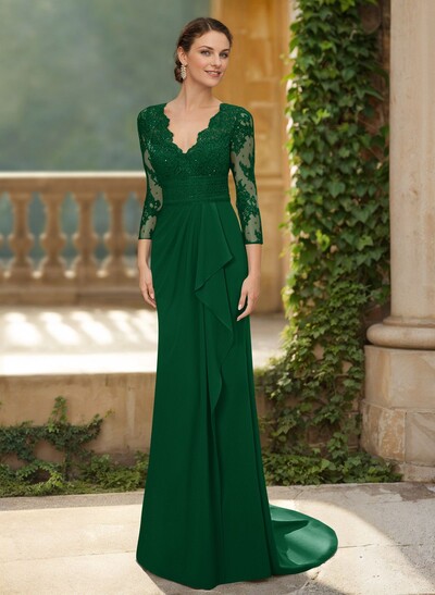 V-Neck Long Sleeves Sweep Train Chiffon/Lace Mother Of The Bride Dresses