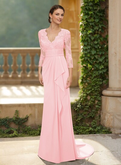 V-Neck Long Sleeves Sweep Train Chiffon/Lace Mother Of The Bride Dresses