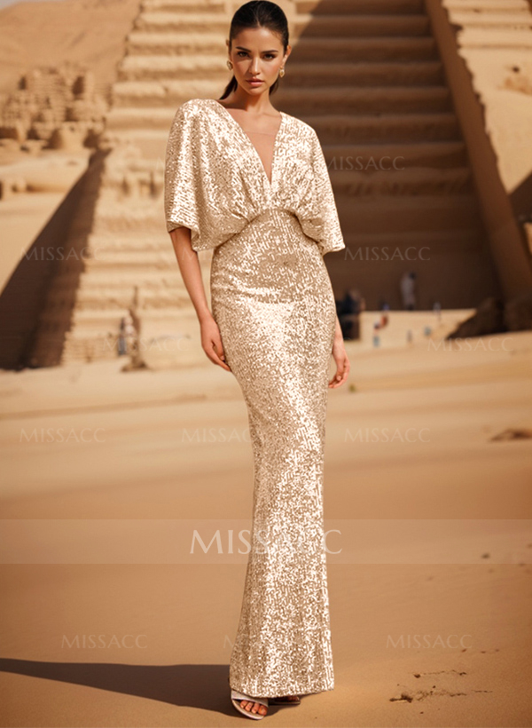 Sparkly Plunge Neck Short Sleeves Mother Of The Bride Dresses With Outcut On Back