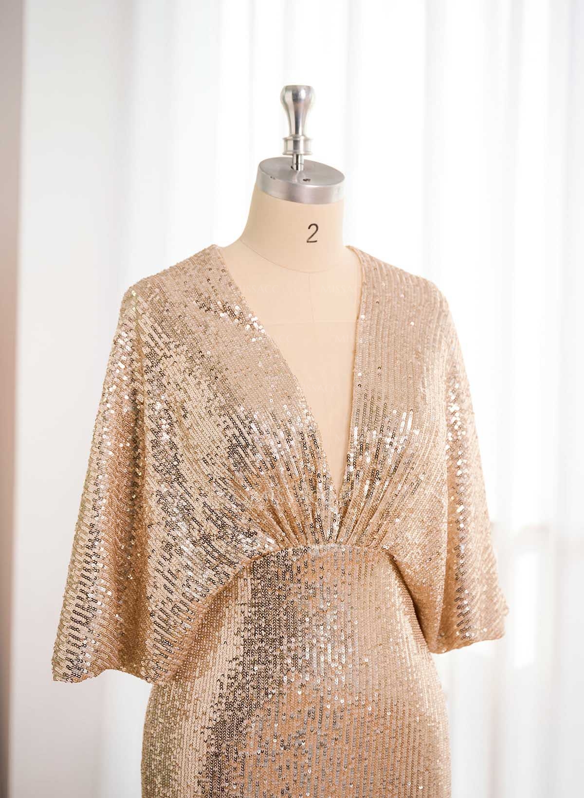 Sparkly Plunge Neck Short Sleeves Mother Of The Bride Dresses With Outcut On Back