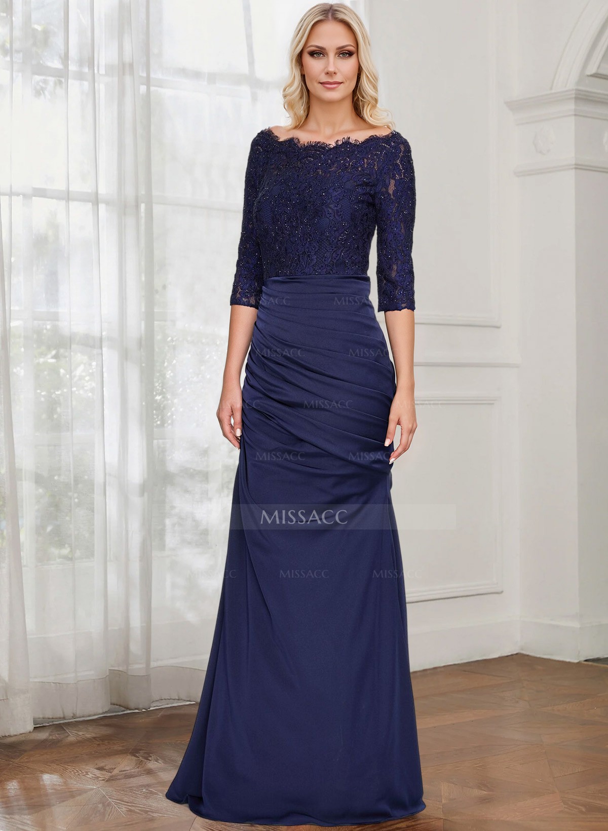 Sheath/Column Scoop Neck 3/4 Sleeves Lace/Satin Mother Of The Bride Dresses