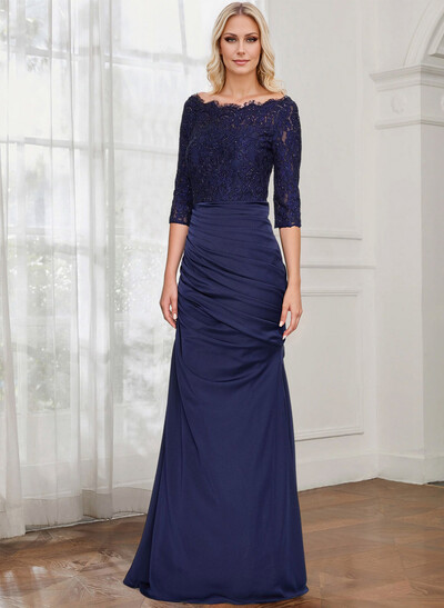 Sheath/Column Scoop Neck 3/4 Sleeve Lace/Satin Mother Of The Bride Dresses