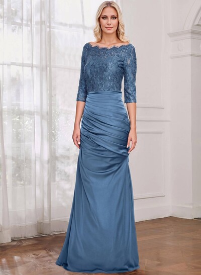 Sheath/Column Scoop Neck 3/4 Sleeve Lace/Satin Mother Of The Bride Dresses