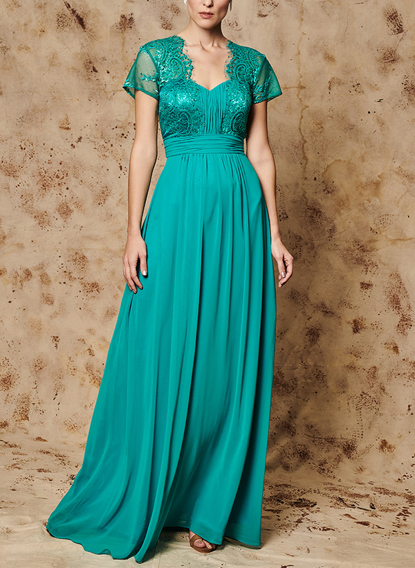 A-Line Short Sleeves Floor-Length Chiffon/Lace Mother Of The Bride Dresses