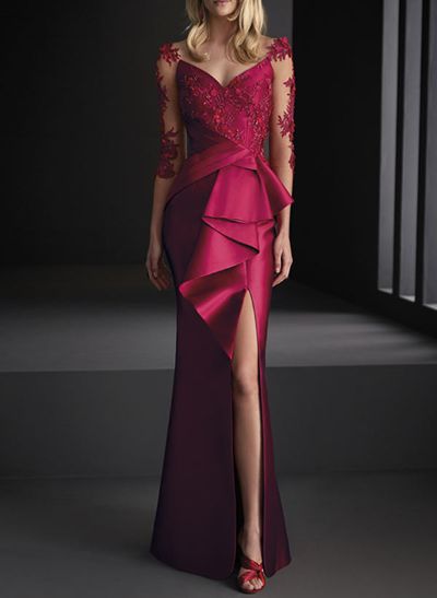 Mermaid V-Neck 3/4 Sleeves Floor-Length Satin Mother Of The Bride Dresses With Appliques Lace