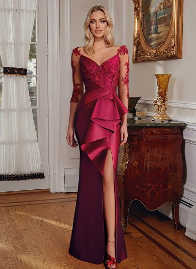 Mermaid V-Neck 3/4 Sleeves Floor-Length Satin Mother Of The Bride Dresses With Appliques Lace
