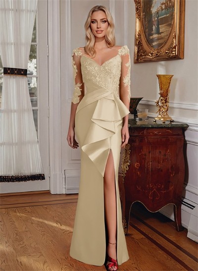 Mermaid V-Neck 3/4 Sleeves Floor-Length Satin Mother Of The Bride Dresses With Appliques Lace