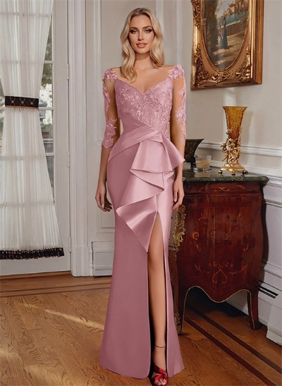 Mermaid V-Neck 3/4 Sleeves Floor-Length Satin Mother Of The Bride Dresses With Appliques Lace