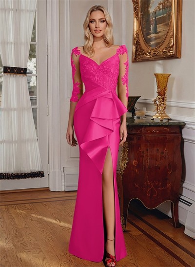 Mermaid V-Neck 3/4 Sleeves Floor-Length Satin Mother Of The Bride Dresses With Appliques Lace