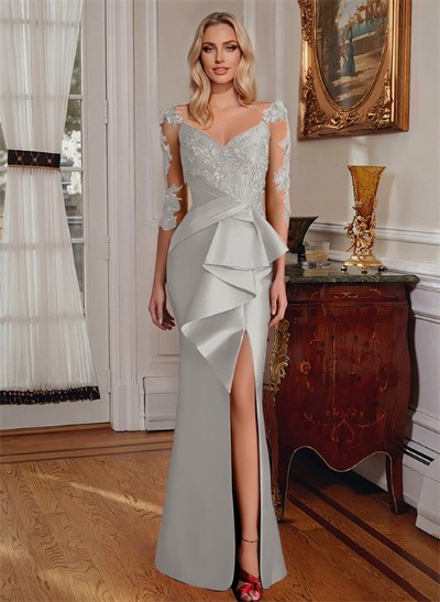 Mermaid V-Neck 3/4 Sleeves Floor-Length Satin Mother Of The Bride Dresses With Appliques Lace