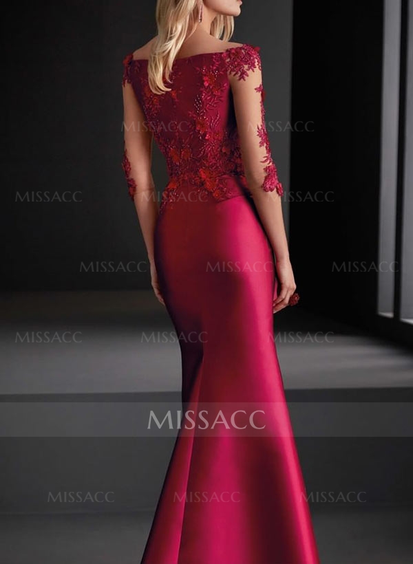 Mermaid V-Neck 3/4 Sleeves Floor-Length Satin Mother Of The Bride Dresses With Appliques Lace
