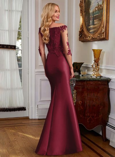 Mermaid V-Neck 3/4 Sleeves Floor-Length Satin Mother Of The Bride Dresses With Appliques Lace