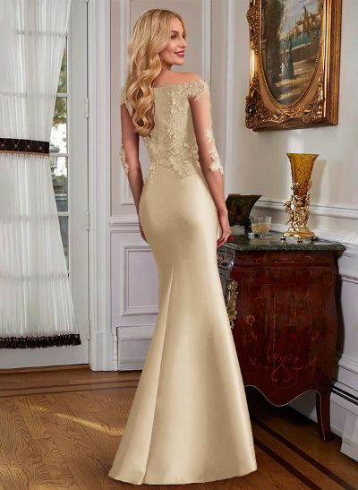 Mermaid V-Neck 3/4 Sleeves Floor-Length Satin Mother Of The Bride Dresses With Appliques Lace