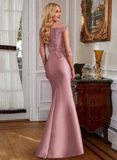 Mermaid V-Neck 3/4 Sleeves Floor-Length Satin Mother Of The Bride Dresses With Appliques Lace