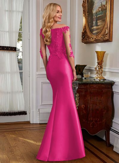 Mermaid V-Neck 3/4 Sleeves Floor-Length Satin Mother Of The Bride Dresses With Appliques Lace