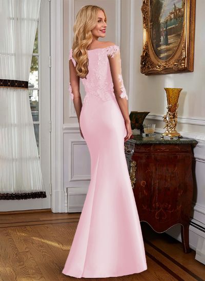 Mermaid V-Neck 3/4 Sleeves Floor-Length Satin Mother Of The Bride Dresses With Appliques Lace
