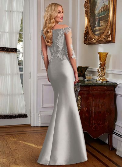 Mermaid V-Neck 3/4 Sleeves Floor-Length Satin Mother Of The Bride Dresses With Appliques Lace