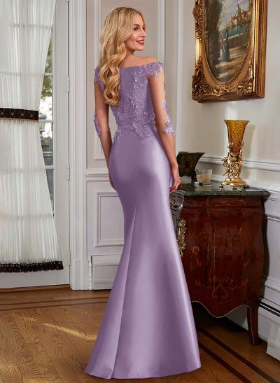 Mermaid V-Neck 3/4 Sleeves Floor-Length Satin Mother Of The Bride Dresses With Appliques Lace