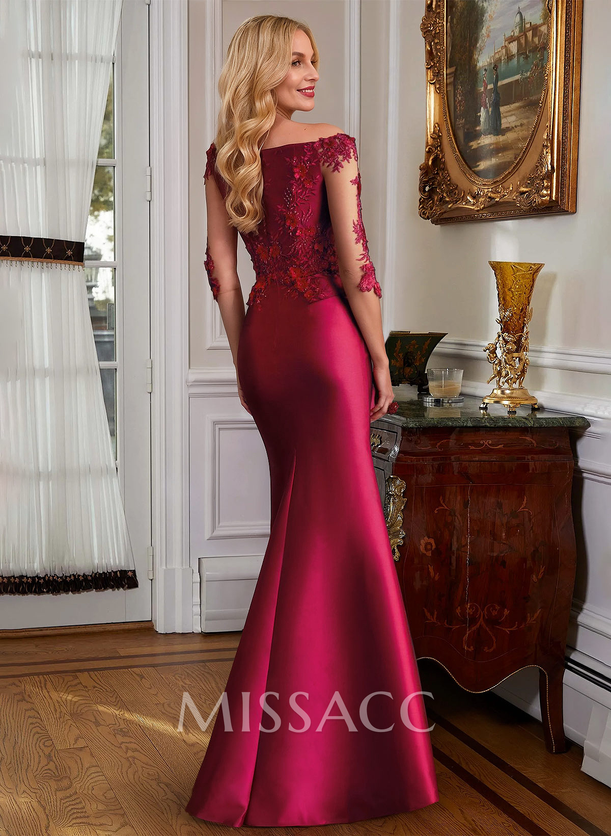 Mermaid V-Neck 3/4 Sleeves Floor-Length Satin Mother Of The Bride Dresses With Appliques Lace