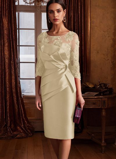 Sheath Illusion Neck 3/4 Sleeves Knee-Length Satin Mother Of The Bride Dresses