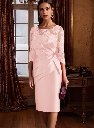 Sheath Illusion Neck 3/4 Sleeves Knee-Length Satin Mother Of The Bride Dresses